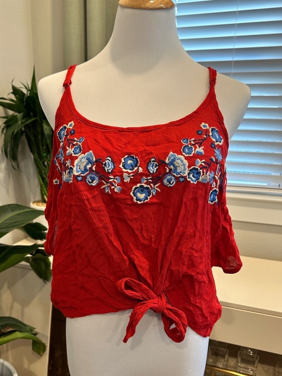 Polly & Esther Tops - Polly & Esther Red Floral Embroidered Tie-Front Cami